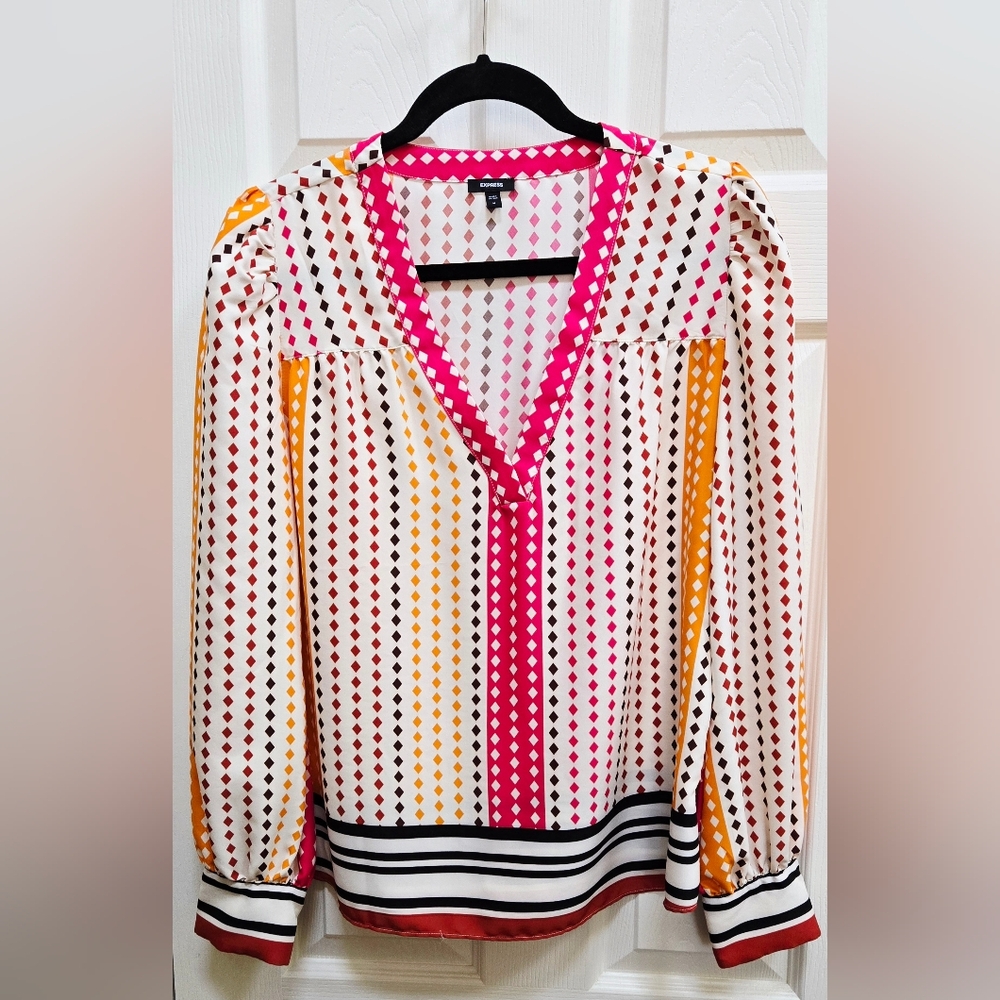 Express Printed V-Neck Long Sleeve Gathered Front Blouse